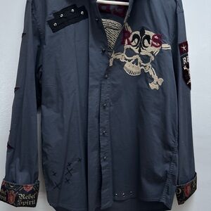 EUC Rebel Spirit Long Sleeve Button Down Embellished Shirt Rock goth Y2K Grunge